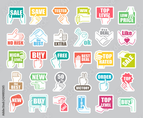 Hands holding messages. Hand gestures. Set of hand and shopping icons. Premium quality symbol collection.