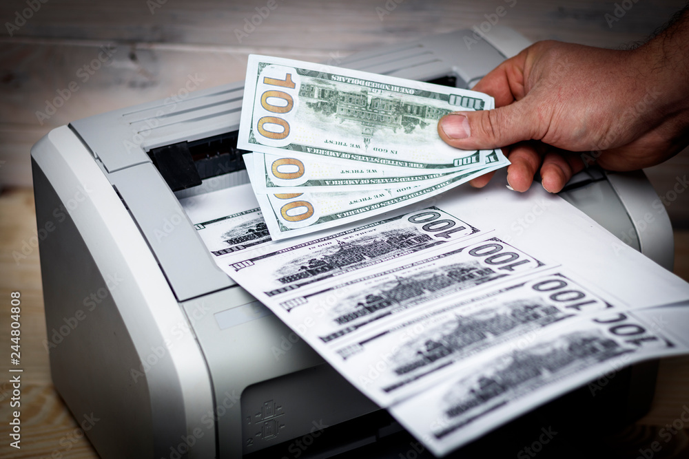 printed dollars. home printer. concept, crime, fake money Stock Photo ...