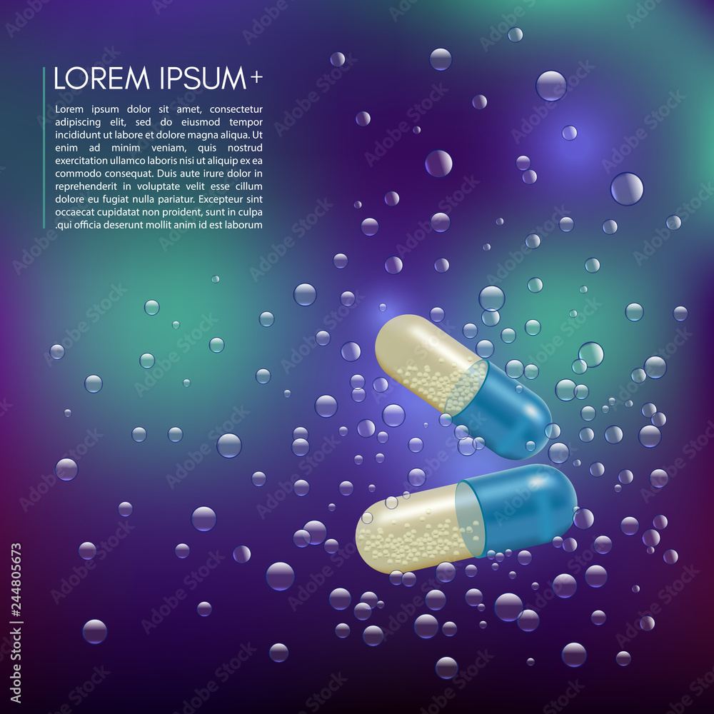 Realistic 3d pills in the water with the bubbles. Pharmacy, antibiotic, vitamins, tablet, capsule. Medicine. Vector illustration of the Tablets and Drugs. Realistic 3d pills in the water with the bubbles. Pharmacy, antibiotic, vitamins, tablet, capsule. Medicine. Vector illustration of the Tablets and Drugs.
