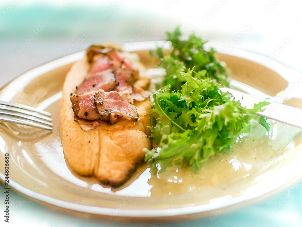 Round plate with appetizing open sandwich with toast and pieces of smoked fish and fresh green leaves of arugula Round plate with appetizing open sandwich with toast and pieces of smoked fish and fresh green leaves of arugula