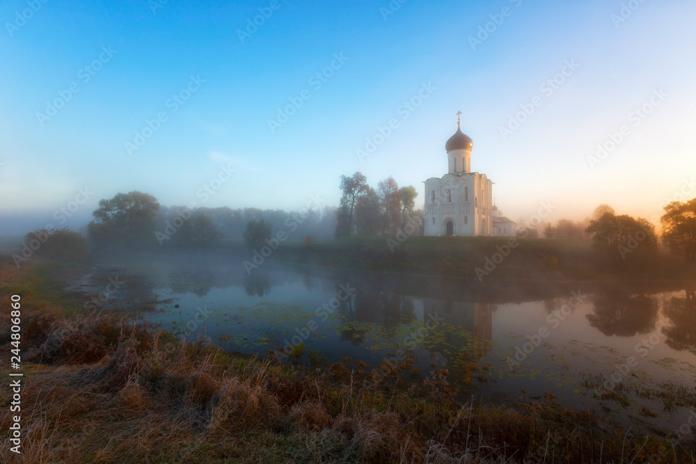 Church of Intercession upon Nerl River. (Bogolubovo, Vladimir region, Golden Ring of Russia) in autumn fog morning