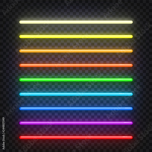 Neon brushes set. Set of colorful light objects on dark background. Neon light sign. Multicolored Shining and glowing neon effect