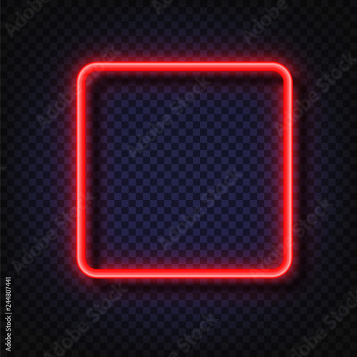Neon light square banner. Vector Neon light frame sign. Realistic glowing red neon square frame isolated on transparent background. Shining and glowing neon effect