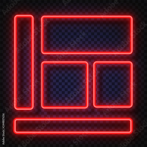 Neon light banners set. Vector Neon light frame sign. Realistic glowing red neon frames isolated on transparent background. Shining and glowing neon effect. Plates with a place for inscriptions