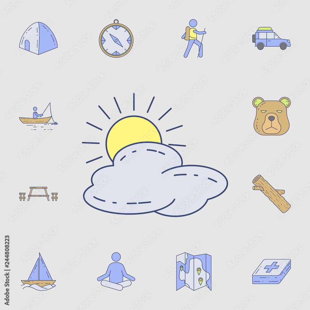 the sun behind the clouds icon. Detailed set of color camping tool icons. Premium graphic design. One of the collection icons for websites, web design, mobile app