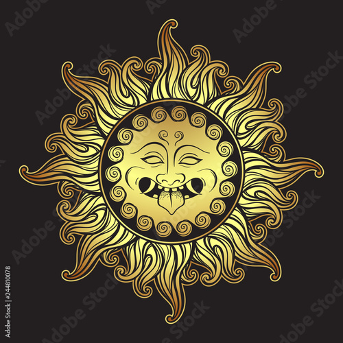 Medusa Gorgon golden head in flame hand drawn line art and dot work print design isolated vector illustration. Gorgoneion is a protective amulet. photo