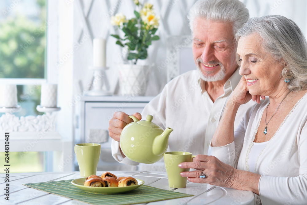 Portrait of happy Senior couple portrait drinking tea