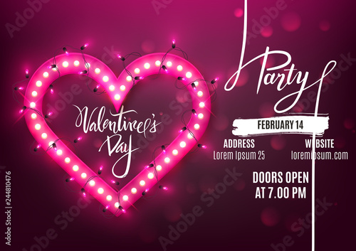 Valentine's Day party flyer template retro neon heart with led lights, vector illustration