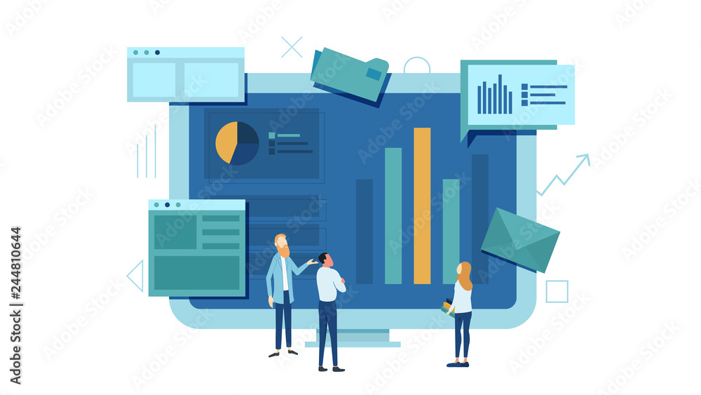 The team is working on a business project. The working process. Analytics, information gathering, teamwork. Monitor and business team isolated on white background. Vector illustration. The team is working on a business project. The working process. Analytics, information gathering, teamwork. Monitor and business team isolated on white background. Vector illustration.