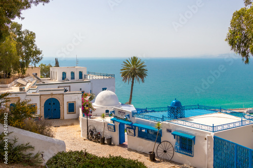 SIDI BOU SAID, TUNISIA - JULY 19, 2018: Mediterranean architecture in Sidi Bou Said, Tunisia, Africa