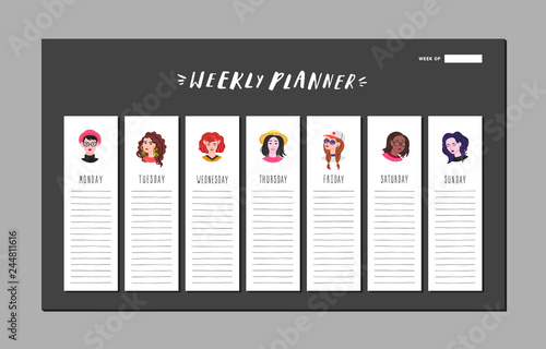 Weekly planner. Young women naive style (vector). Part one.
