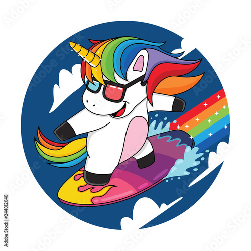 cartoon unicorns that are surfing the clouds with rainbows