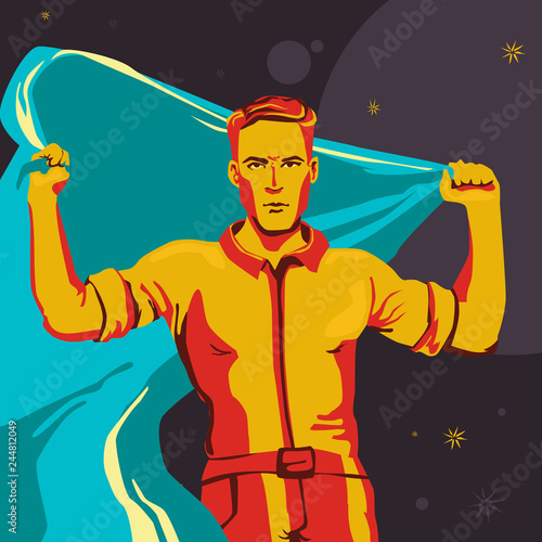 A man standing straight with a large developing flag. Communism illustration in blue and orange colours.	