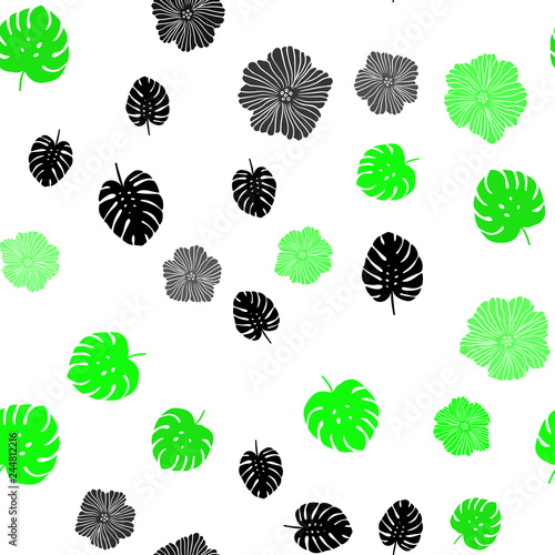 Light Green vector seamless doodle pattern with flowers, leaves.