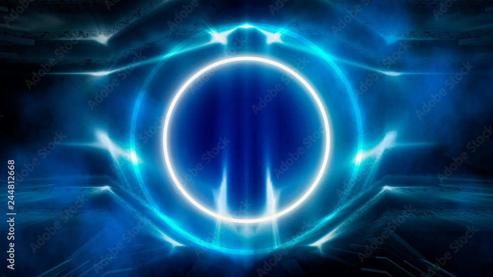 Round abstract tunnel, blue neon. Neon circle light arch, in the center, light, rays, smoke. Abstract blue background with rays and neon. Round abstract tunnel, blue neon. Neon circle light arch, in the center, light, rays, smoke. Abstract blue background with rays and neon.
