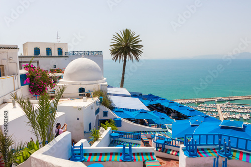SIDI BOU SAID, TUNISIA - JULY 19, 2018: The great view from the patio of traditional restaurant with the view of Mediterranean sea