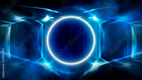 Round abstract tunnel, blue neon. Neon circle light arch, in the center, light, rays, smoke. Abstract blue background with rays and neon.