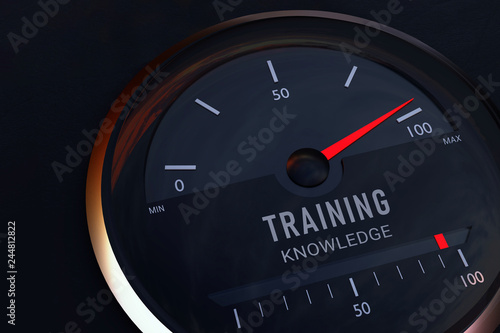 Education. Concept for the commonality between training and knowledge. Speedometer symbolically displays the maximum on a scale. 