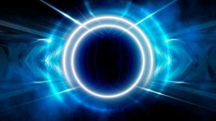 Round abstract tunnel, blue neon. Neon circle light arch, in the center, light, rays, smoke. Abstract blue background with rays and neon.