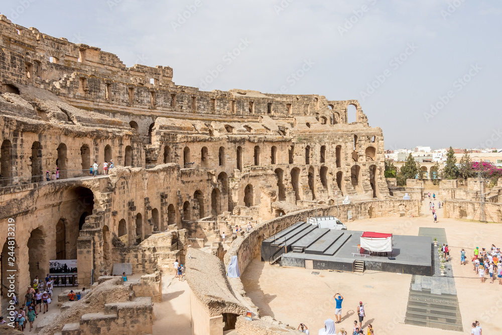 EL JEM, TUNISIA - JULY 22, 2018: Types of Roman amphitheatre in the city of El Jem, Tunisia