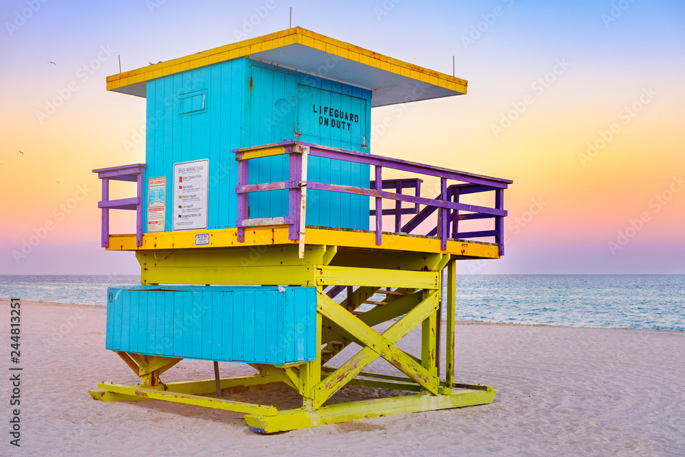 Famous lifeguard tower at South Beach in Miami at sunset