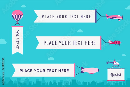 Air transport with banners flat vector illustration. Part three.