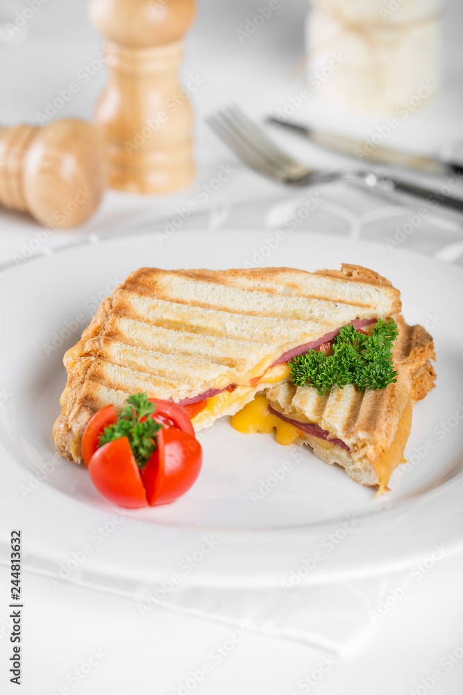 Sandwich with ham and cheese on a white plate.