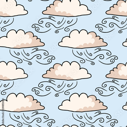 Hand drawn vector cloud illustration. Seamless repeating pattern of white fluffy wind lineart on cloudy blue background. Sketchy creative lineart for cloudy wallpaper, kids fashion and weather art.