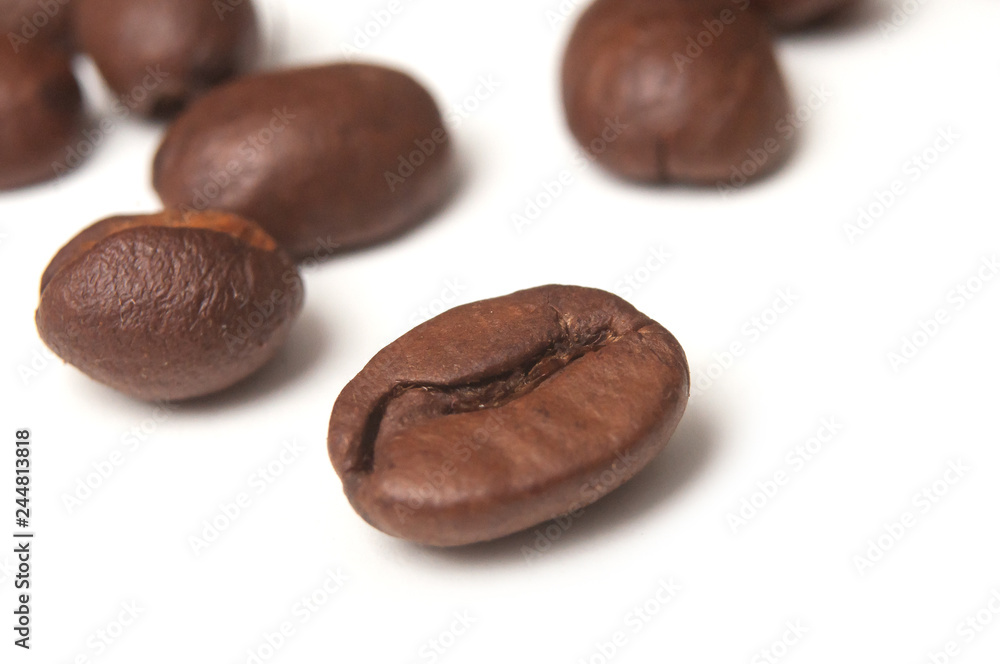 closeup of coffee beans on white background closeup of coffee beans on white background