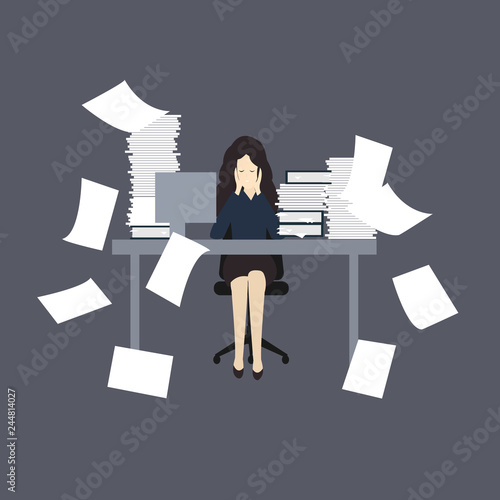 Stress at work concept illustration. Unhappy woman, sitting at table, flood with paper, overworked, too much working.