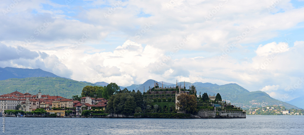 Panoramic view on Isola Bella or Beautiful Island, one of the Borromean Islands  in Lago Maggiore in the Piedmont region in  Italy