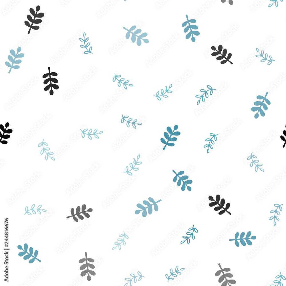 Light BLUE vector seamless doodle background with leaves.