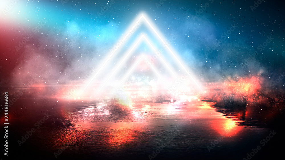 Light pyramid triangle. Neon triangle in the center, light, rays, smoke. Abstract background with rays and neon.