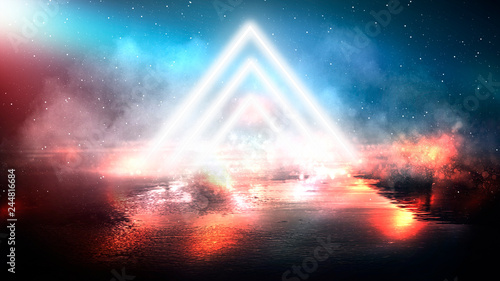 Light pyramid triangle. Neon triangle in the center, light, rays, smoke. Abstract background with rays and neon.