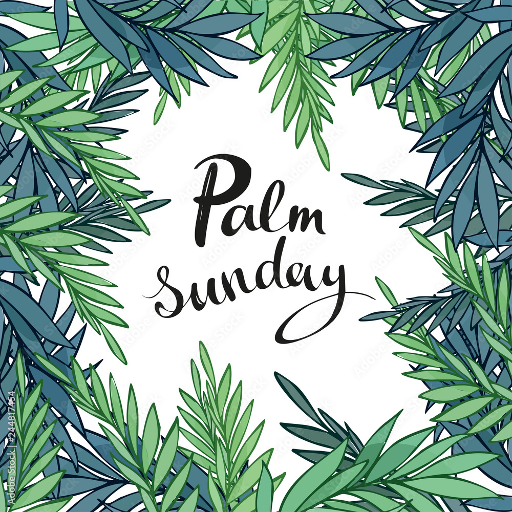 Palm branches surrounding Palm Sunday text on white background.