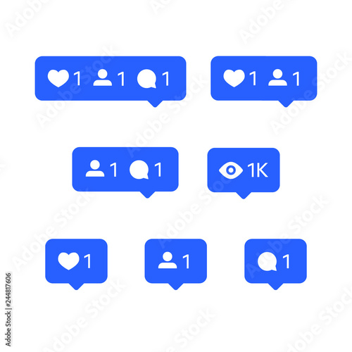Social network icons set, tooltips, speech bubbles, likes, followers and subscribers and comments, vector illustration