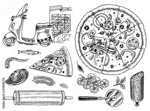 Set of pizza with cheese. Yummy italian vegetarian food with tomatoes, Seafood and olives and eggplant. Ingredients for cooking. Sketch for restaurant menu. Hand drawn template. Vintage style.