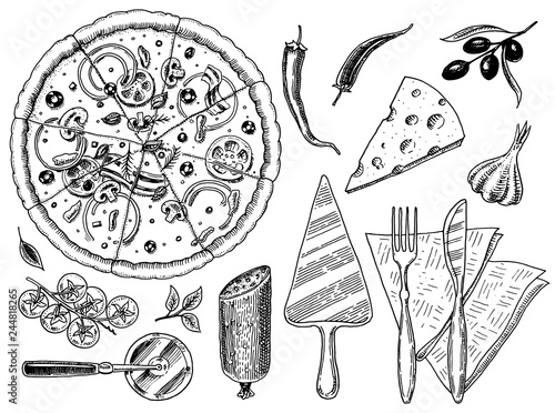Set of pizza with cheese. Yummy italian vegetarian food with tomatoes, Seafood and olives and eggplant. Ingredients for cooking. Sketch for restaurant menu. Hand drawn template. Vintage style.