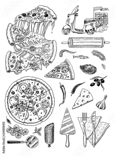 Set of pizza with cheese. Yummy italian vegetarian food with tomatoes, Seafood and olives and eggplant. Ingredients for cooking. Sketch for restaurant menu. Hand drawn template. Vintage style.
