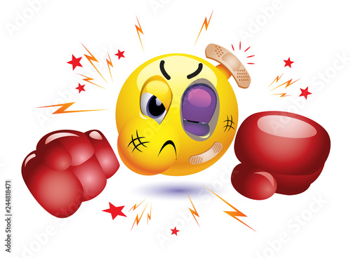 Smiley boxer fighting in gloves. Angry emoticon prepared to fight.