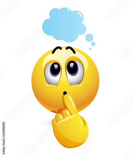 Smiling ball and imagination. Cloud with toughts. Thoughtful smiling ball with cloud above his head.