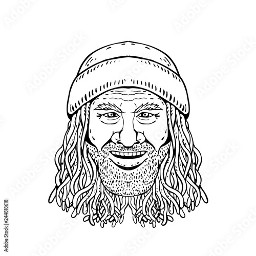 Drawing sketch style illustration of head of a Rastafarian dude, Rastafari or guy practising Rastafarianism, an Abrahamic religion developed in Jamaica in 1930s on white background in black and white.