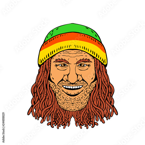 Drawing sketch style illustration of head of a Rastafarian, Rastafari or guy practising Rastafarianism, wearing a beanie and dreadlocks on white background in full color.