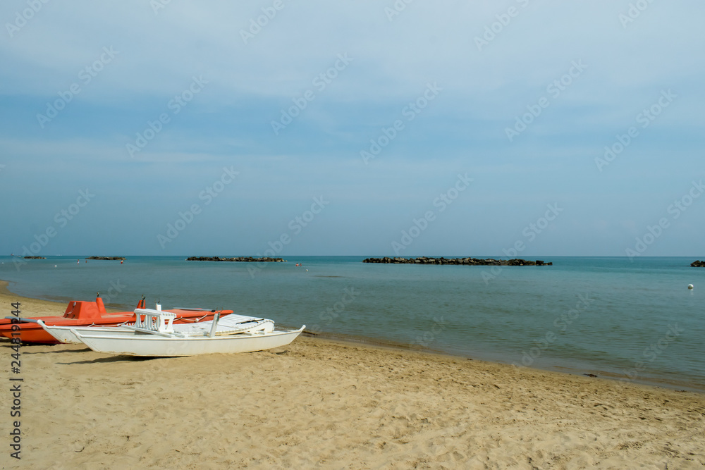 Lifeboats on San Benedetto del Tronto Beach, Adriatic Sea, Ascoli Piceno, Italy