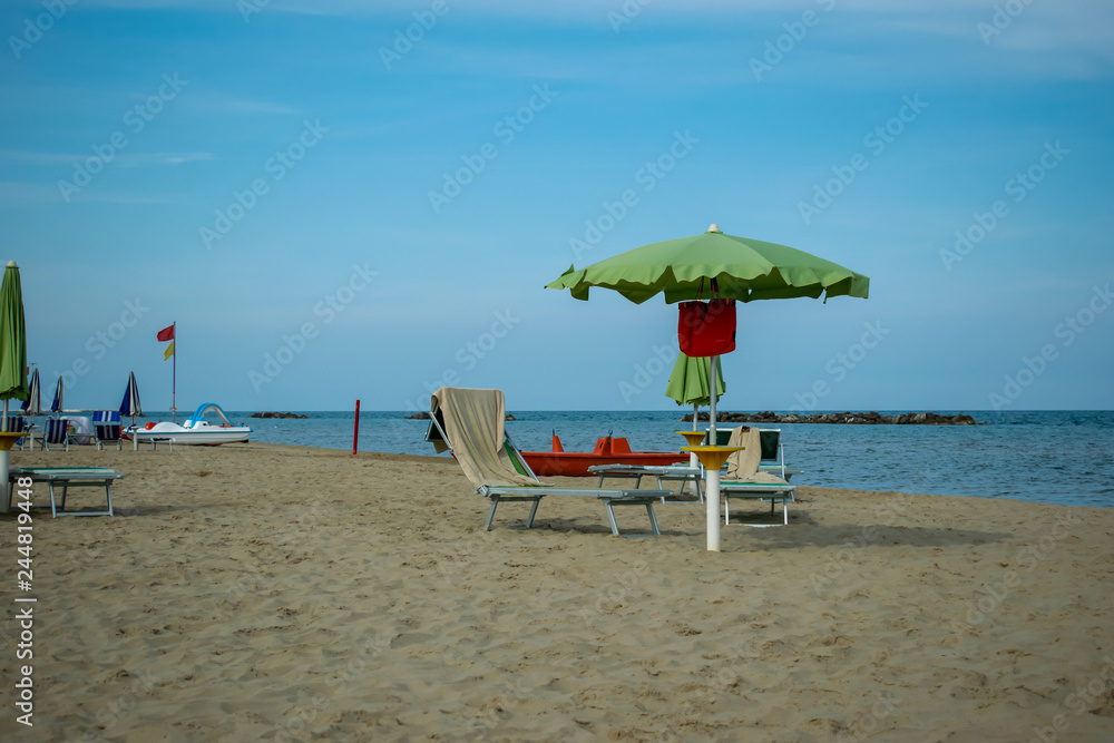 The Beach from San Benedetto del Tronto with loungers chairs and umbrellas, Adriatic Sea, Ascoli Piceno, Italy