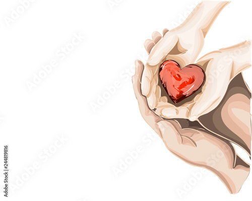 Vector drawing adult and child hands holding red heart, health care, donate and family insurance concept,world heart day, world health day, CSR concept