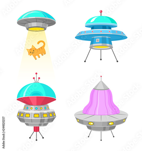 Alien spaceships, Set of UFO unidentified flying object, Fantastic rockets, Cosmic spacecrafts in universe space. Vector Illustration on white background. GUI elements, Cartoon style, Flat game. © artbalitskiy