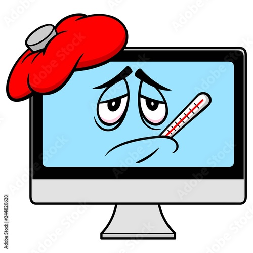Sick Computer - A vector cartoon illustration of a Computer Monitor mascot.
