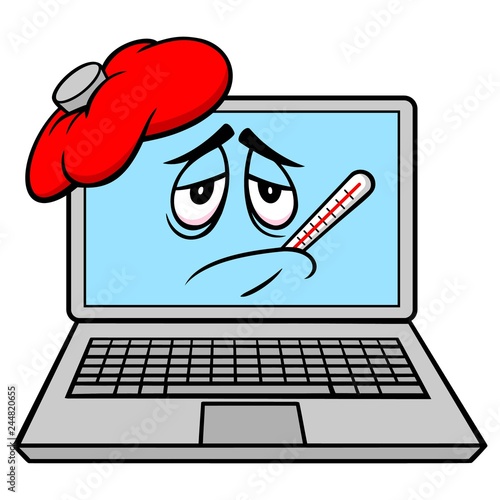 Sick Laptop - A vector cartoon illustration of a Computer Laptop mascot.