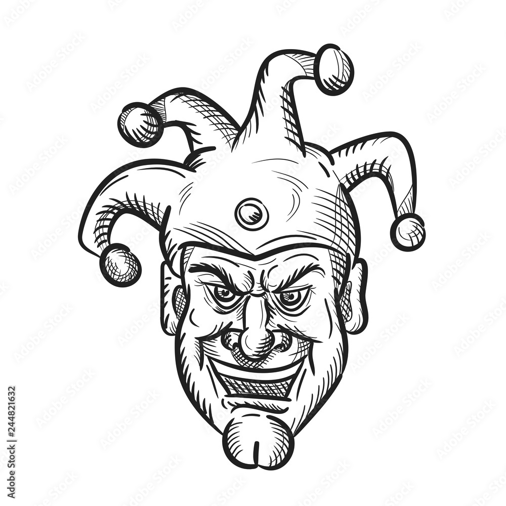 Drawing sketch style illustration of head of a crazy medieval court jester, harlequin or fool with a sarcastic silly grin or smile on isolated white background in black and white.